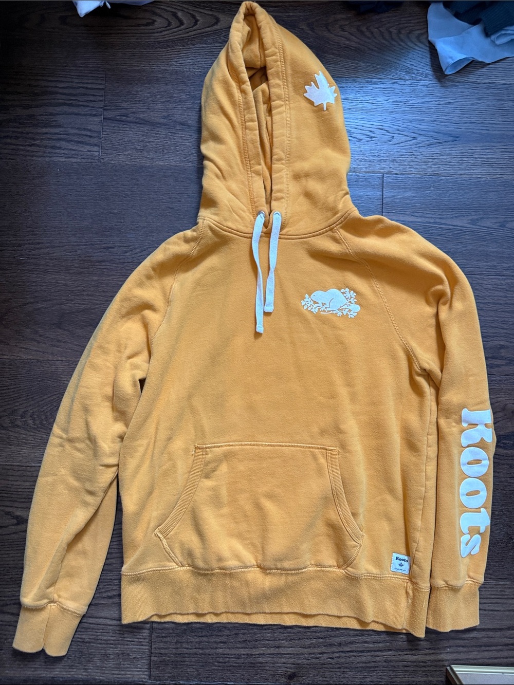 Roots Men's Mustard Yellow Crewneck Hoodie with White Logo